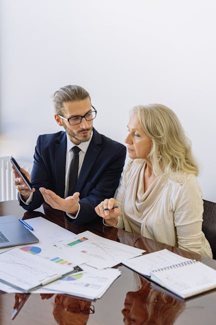 Professional business discussion between a consultant and client in an office setting.