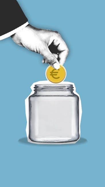 A conceptual image of saving money with a euro coin being placed into a glass jar on a blue background.