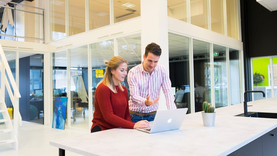Two colleagues collaborating at a modern office with a laptop.