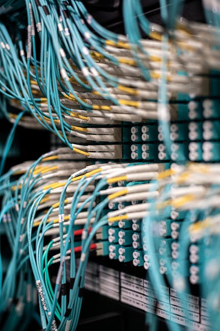 Rows of blue cables and wires plugged into server patch panel located in modern data center framework