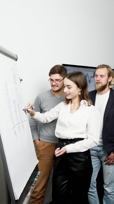 Young professionals brainstorming around a whiteboard in a modern office.