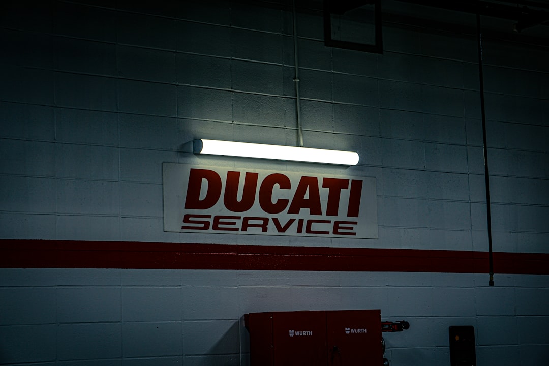 Ducati service sign illuminated in garage