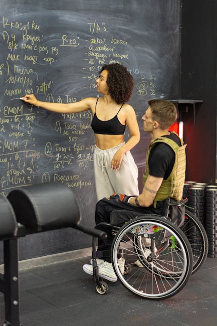 Two individuals engaged in learning with a blackboard, focusing on inclusive education and fitness.