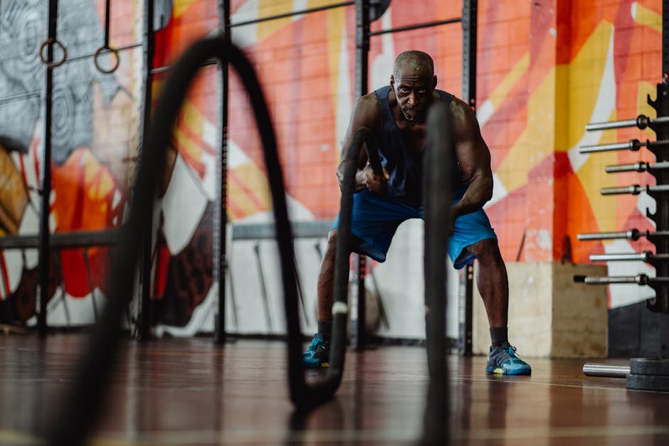 Fit adult man engaged in powerful workout using battle ropes for strength and endurance training.