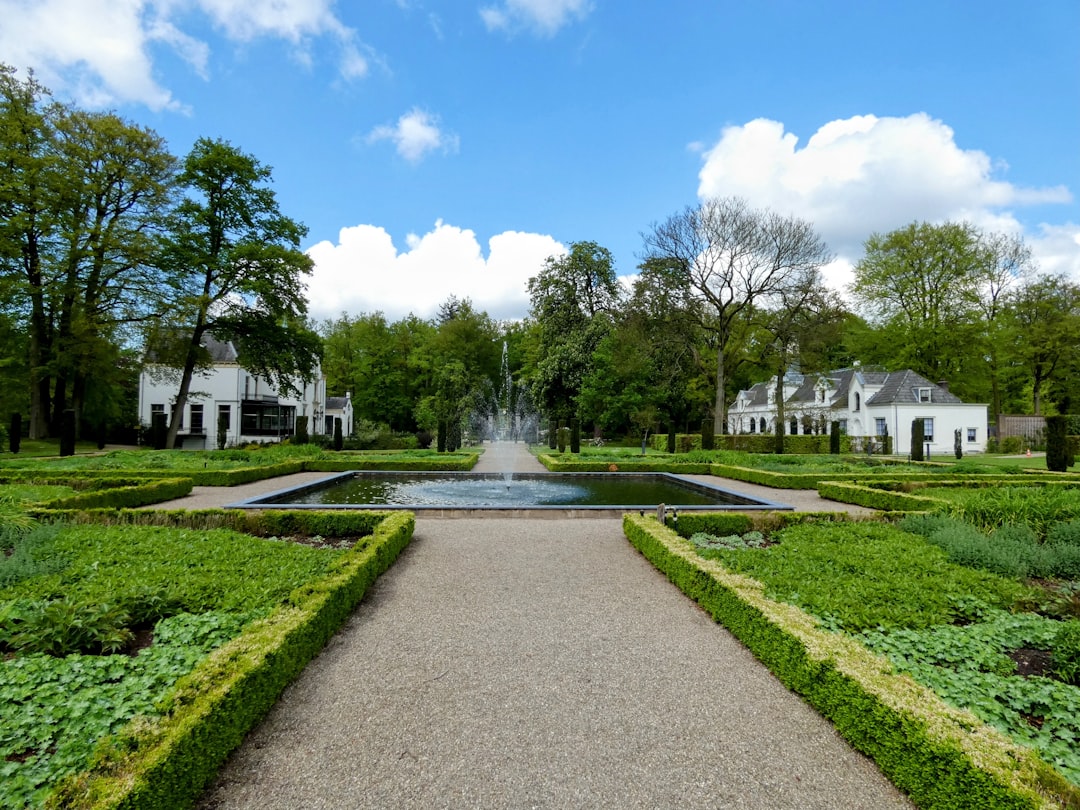 a garden with a fountain surrounded by hedges