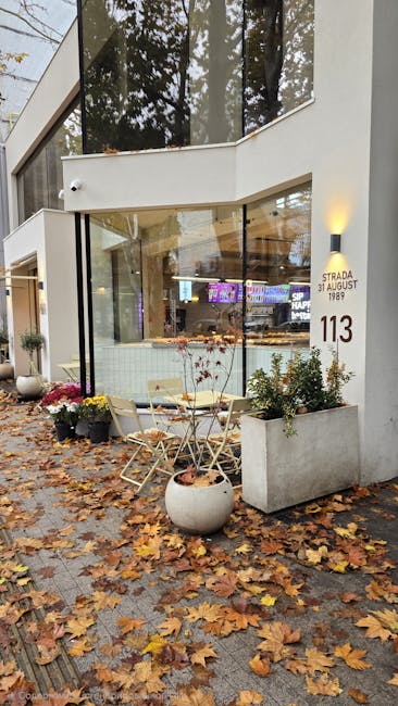 Modern cafe with autumn leaves, cozy outdoor seating, in urban setting.