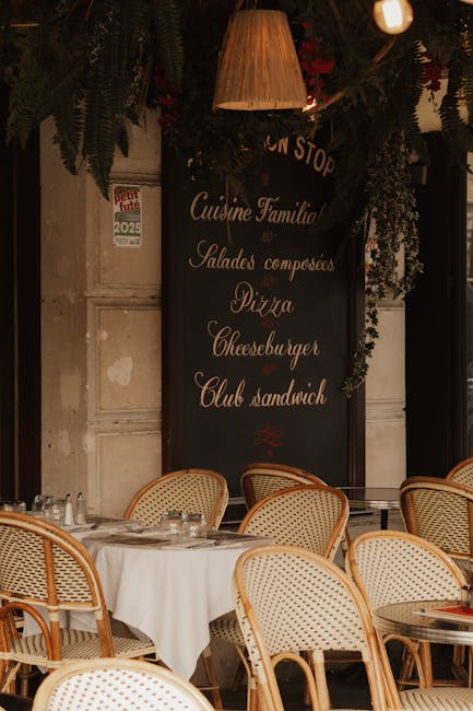 Cozy Parisian cafe with wicker chairs and elegant decor, exemplifying European outdoor dining.