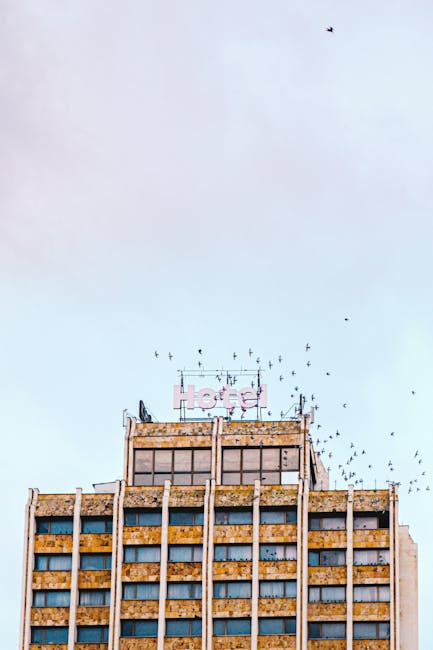 A high-rise hotel building in Priština with birds flying against a clear sky.