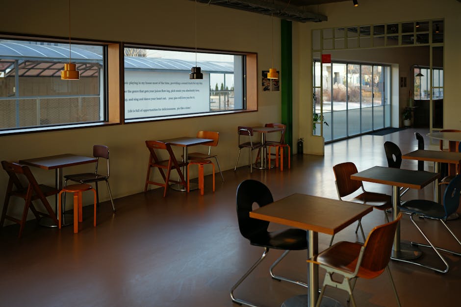 Empty cafe with modern design and natural lighting. Ideal for relaxation and casual meetings.