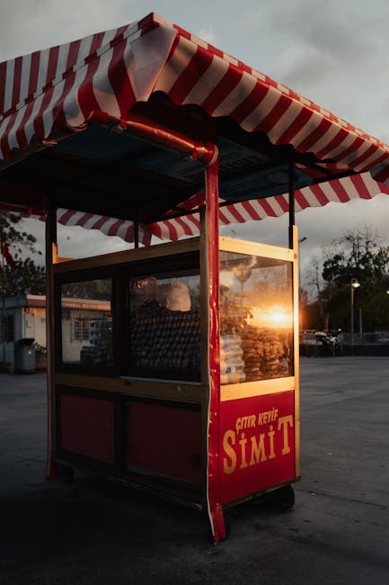 A simit cart reflecting the sunset in Istanbul, capturing vibrant urban street life.