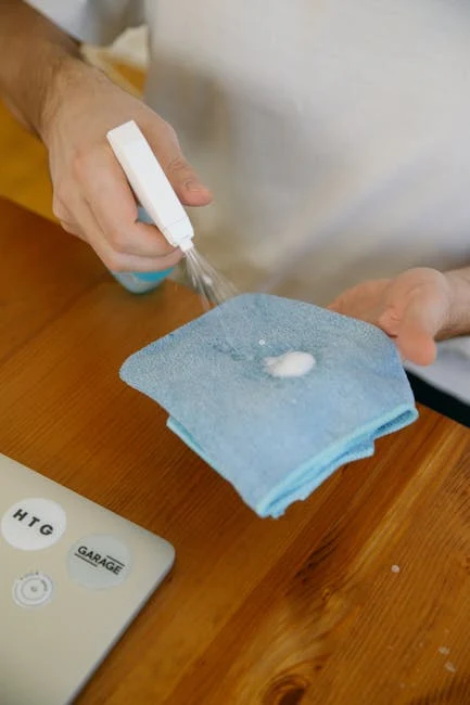 Een persoon spuit schoonmaakmiddel op een blauwe microvezeldoek op een houten tafel naast een laptop.