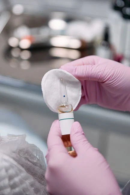 Een medewerker in roze handschoenen bereidt een injectie voor met een ampul en een watje.